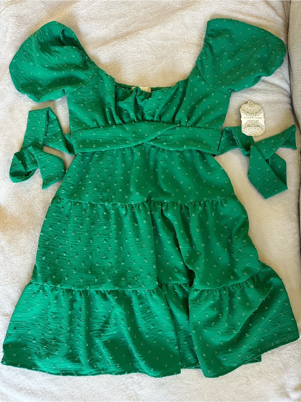 Altar’d State Green Puff Sleeve Tiered Dress
